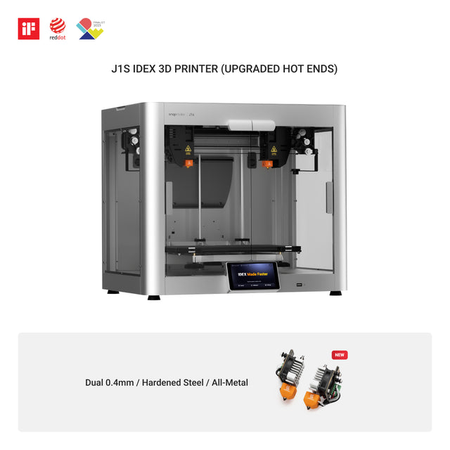 Snapmaker J1s best dual extruder 3D printer with upgraded hot ends and dual 0.4mm hardened steel all-metal extruders.