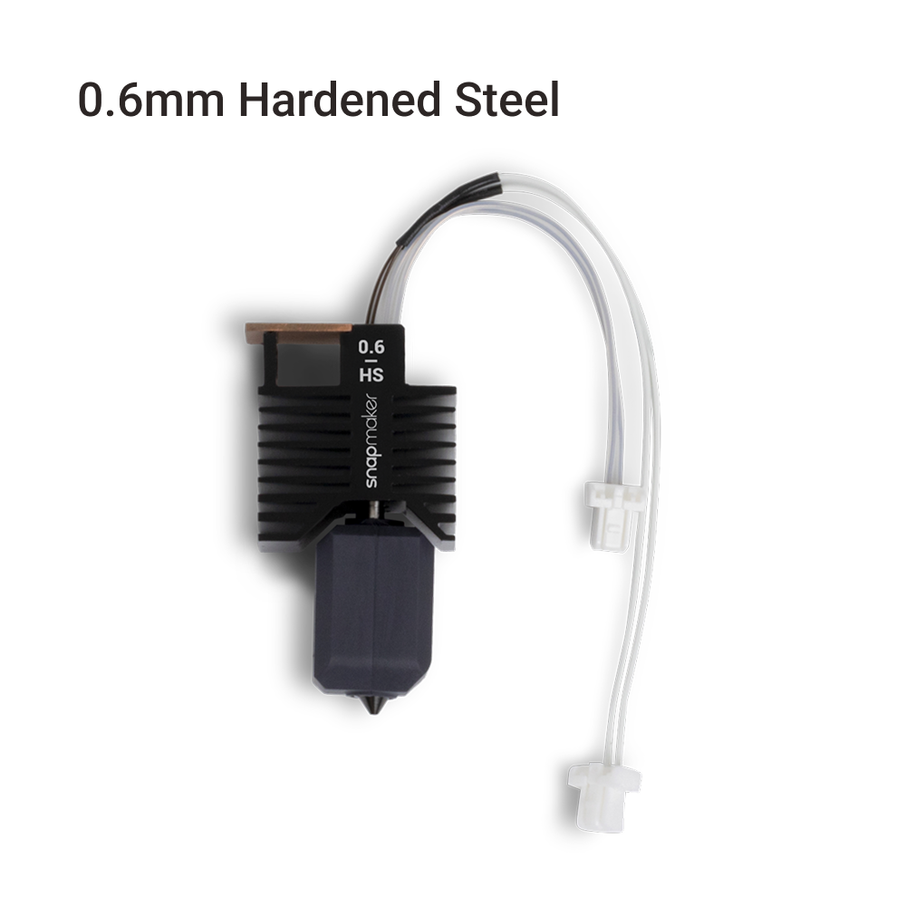 0.6mm hardened steel hot end for Snapmaker U1 pictured with finned heatsink, nozzle tip, and cable-tube routing.
