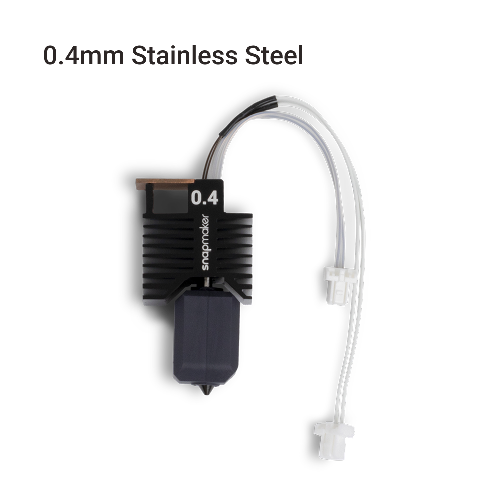 Snapmaker U1 0.4mm stainless hot end pictured with protective cover and attached tubes, designed for easy swap and consistent temperature stability.