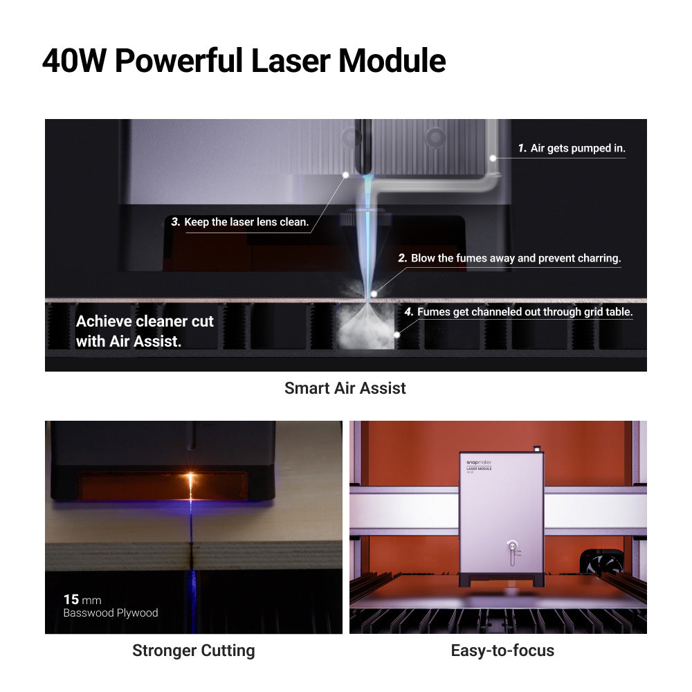 40W powerful laser module of Snapmaker 3-in-1 3D printer, enhancing precision with smart air assist.