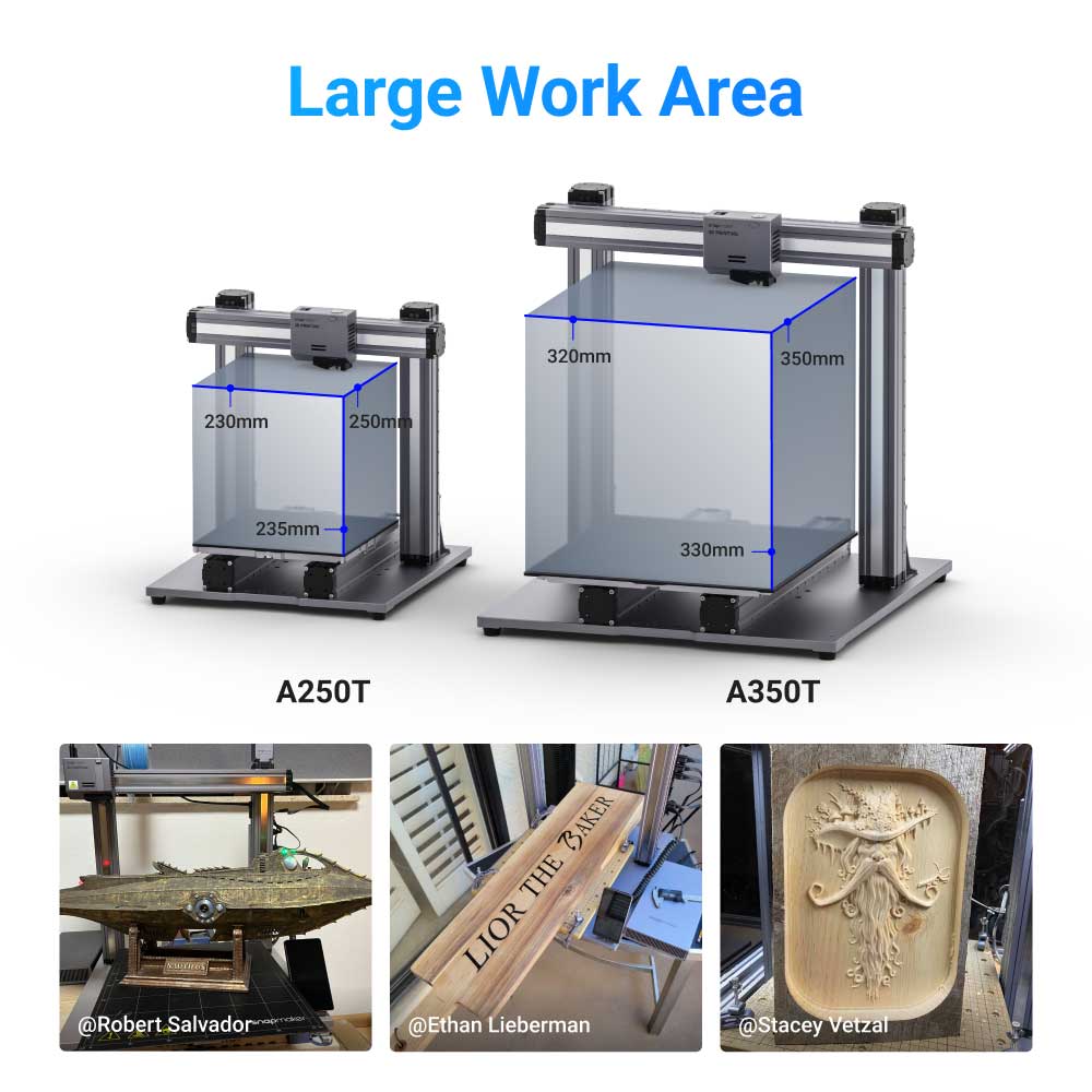 Comparison of Snapmaker 2.0 A350T and A250T 3D printers highlighting their large work area dimensions.