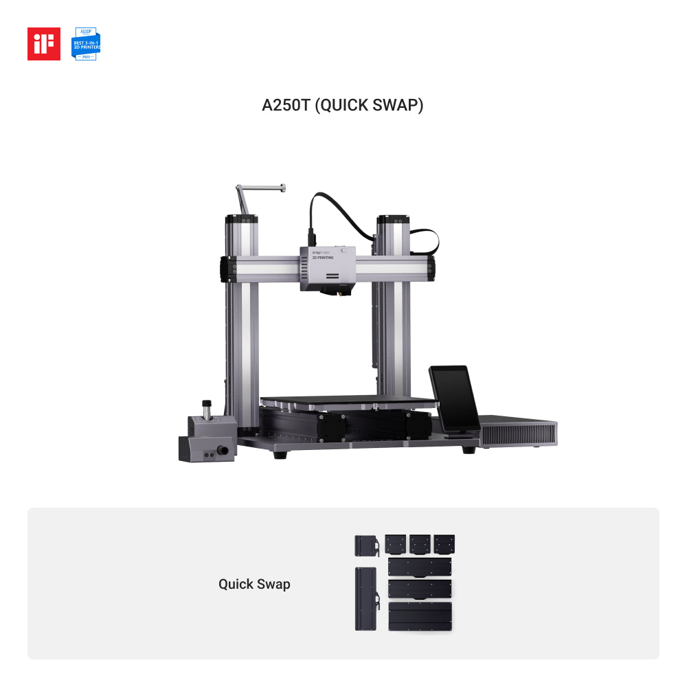 Snapmaker 2.0 A250T 3D Printer with Quick Swap feature for easy module changes.