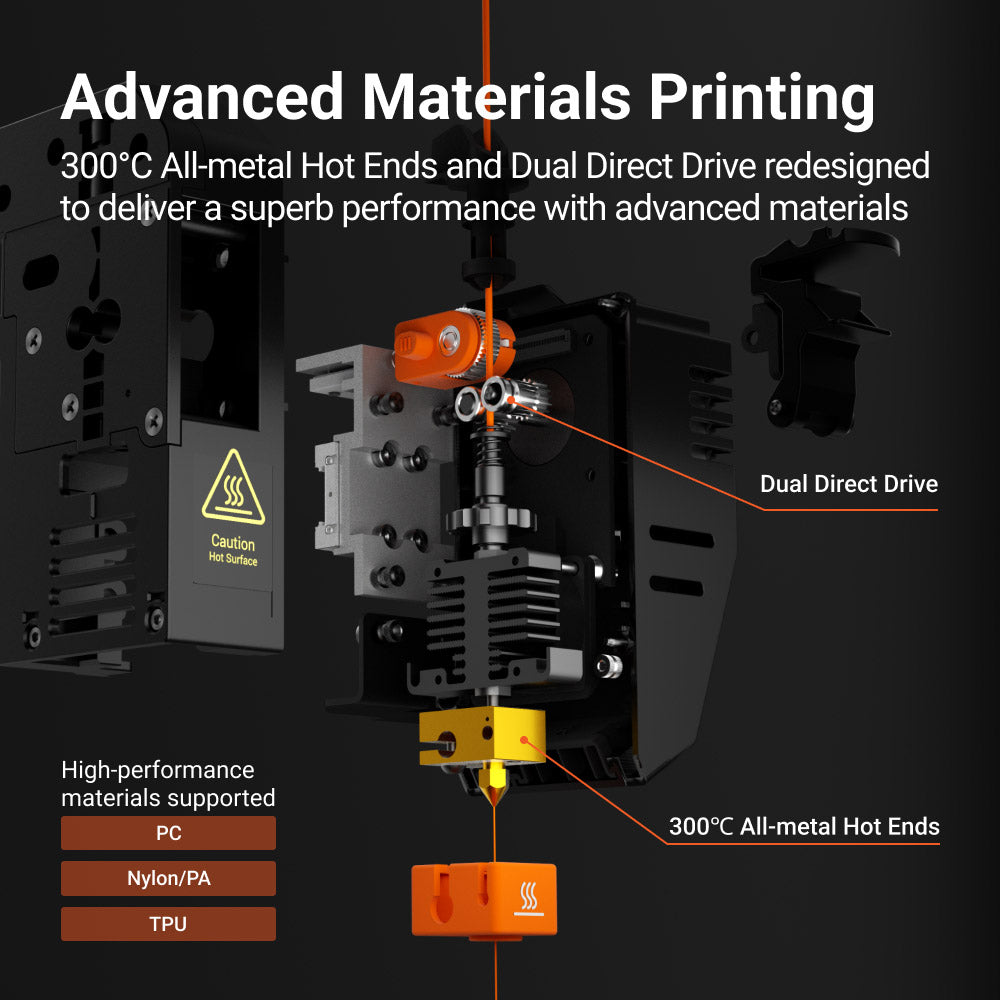 Snapmaker J1s best dual extruder 3D printer featuring 300°C all-metal hot ends and dual direct drive.