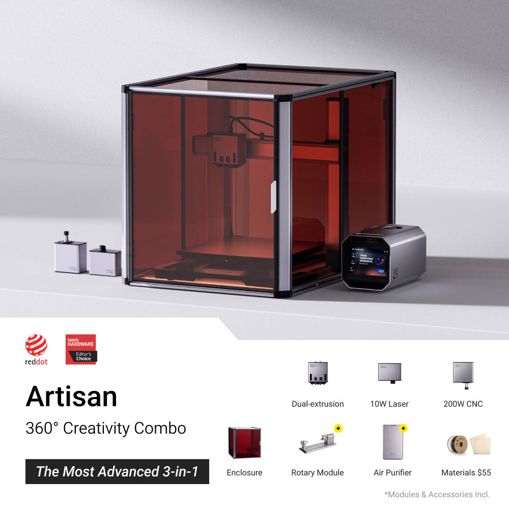 Snapmaker Artisan 360° Creativity Combo 3-in-1 printer with rotary module, air purifier, and large red enclosure.