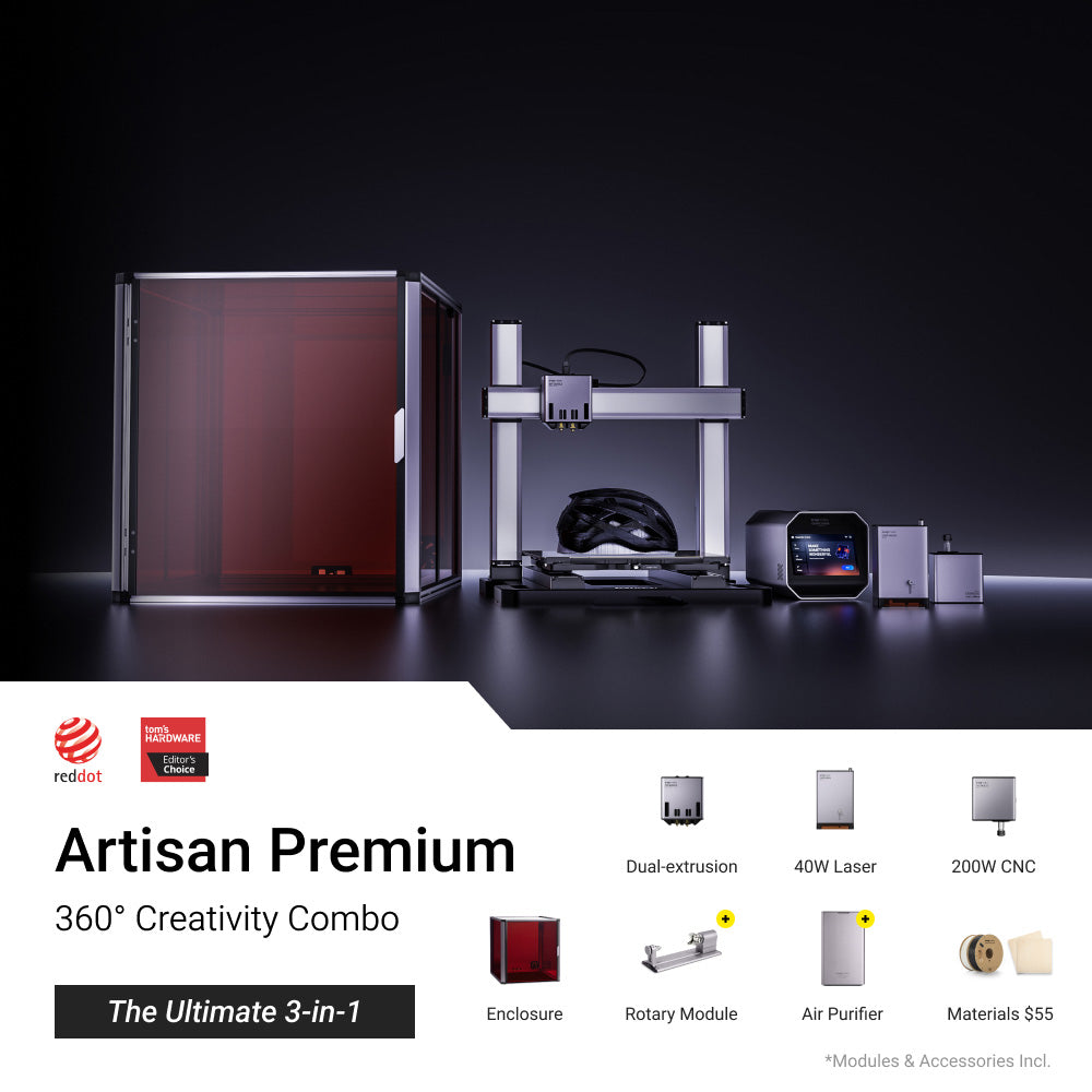 Snapmaker Artisan Premium 3-in-1 3D printer offers 360° creativity with versatile tool modules for crafting and design.