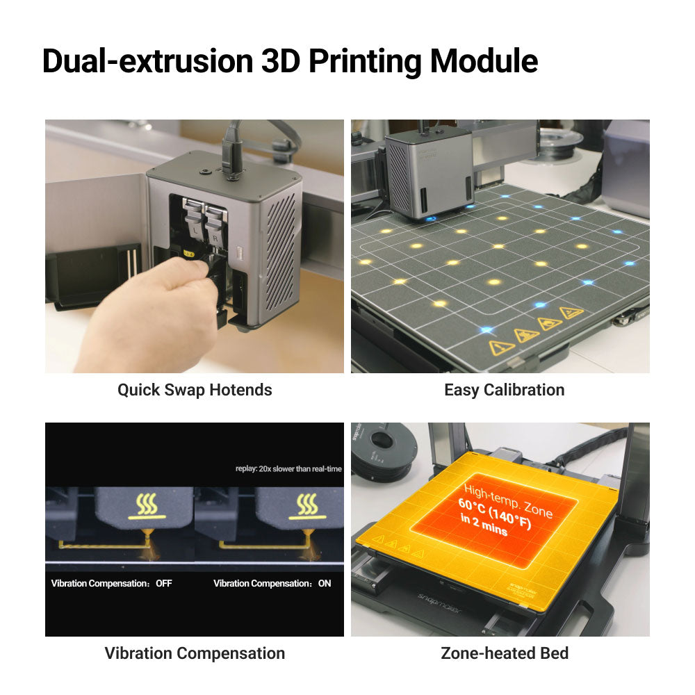 Artisan dual-extrusion 3D printing module with features for quick hot end swaps and vibration compensation.