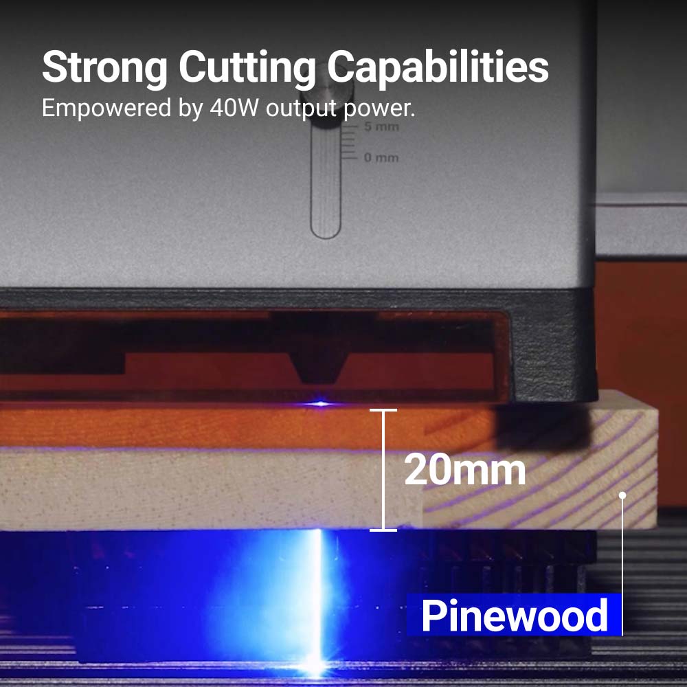 Snapmaker Ray 20W laser cutting through 20mm pinewood showcasing its powerful laser capabilities.