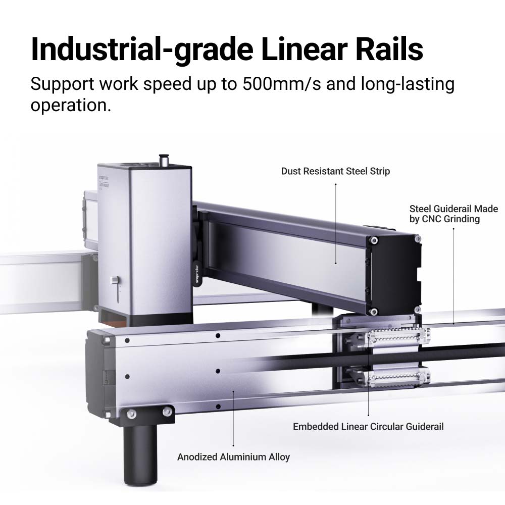 Industrial-grade linear rails on Snapmaker Ray ensure high-speed, precise movements during laser engraving and cutting.