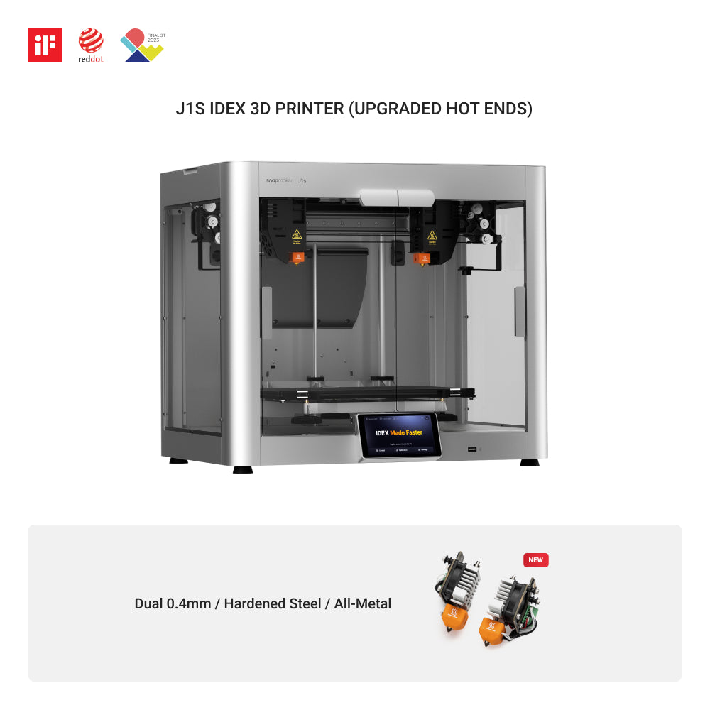 Snapmaker J1s best dual extruder 3D printer with upgraded hot ends and dual 0.4mm hardened steel all-metal extruders.