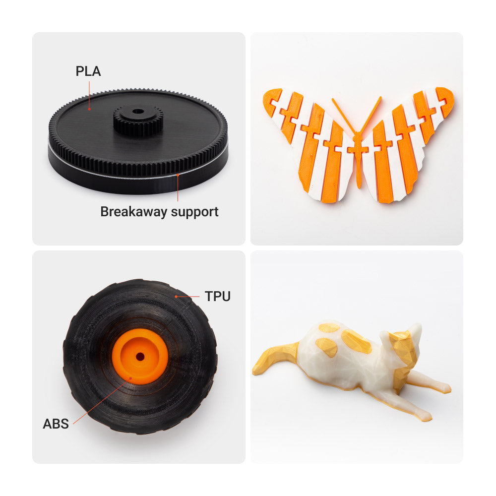 Samples of 3D printed objects with PLA, TPU, and ABS materials using Snapmaker J1s best dual extruder 3D printer.