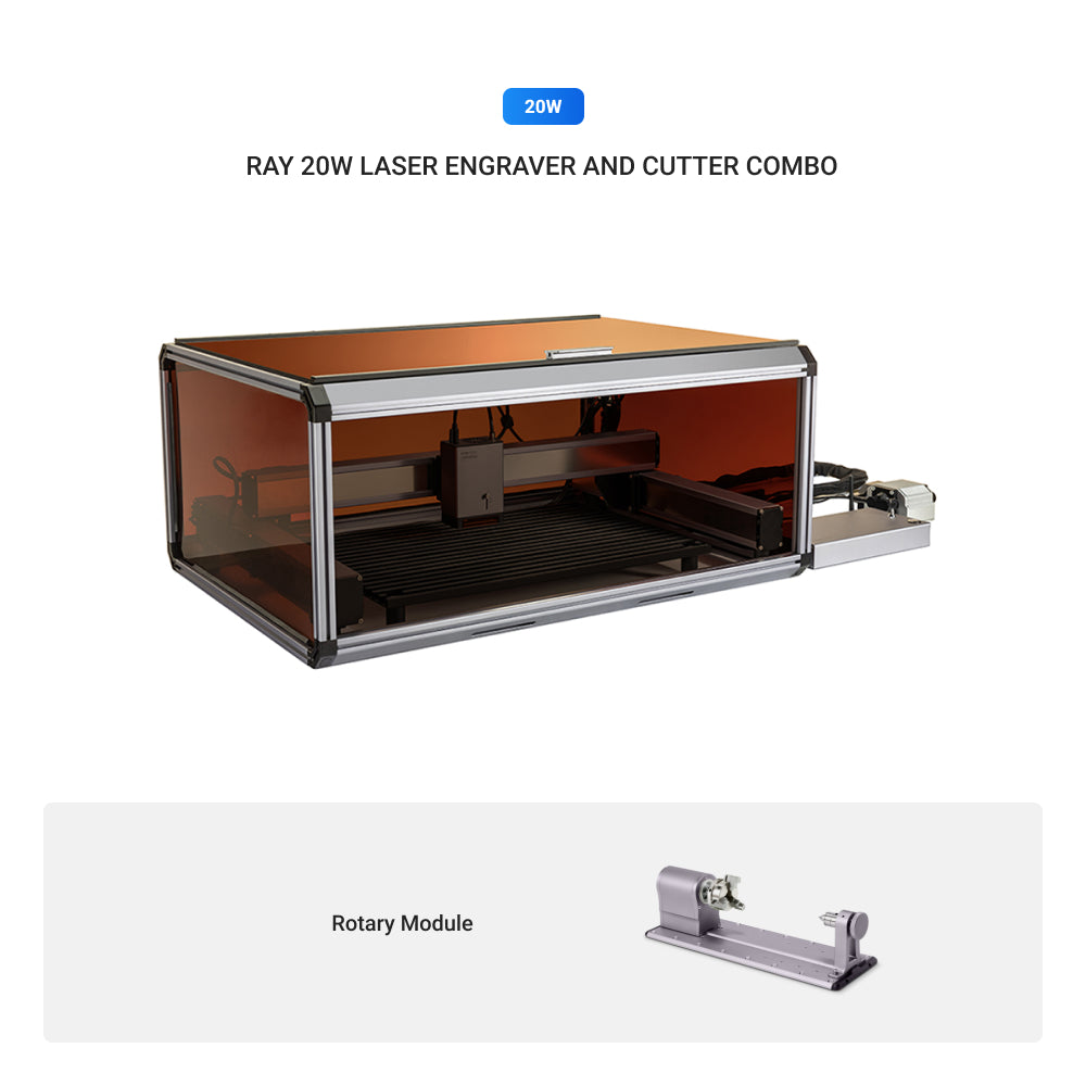 Snapmaker Ray 20W Laser Engraver with enclosure and rotary module, featuring laser class 1 safety.