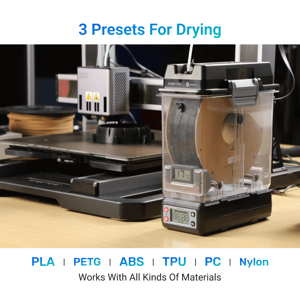 SnapDryer is perfect for drying filaments such as PLA, PETG, and TPU for high-quality 3D prints.