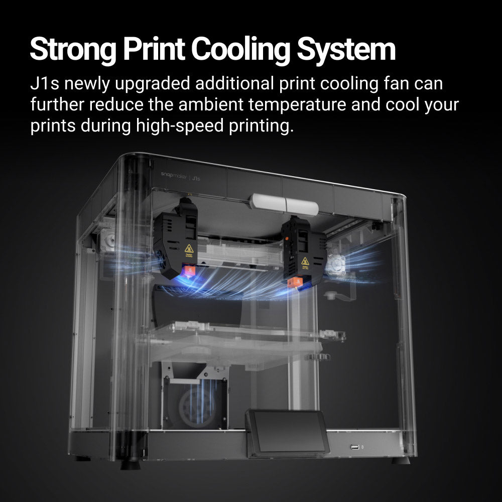 Snapmaker J1s best dual extruder 3D printer equipped with an advanced print cooling system to enhance performance.