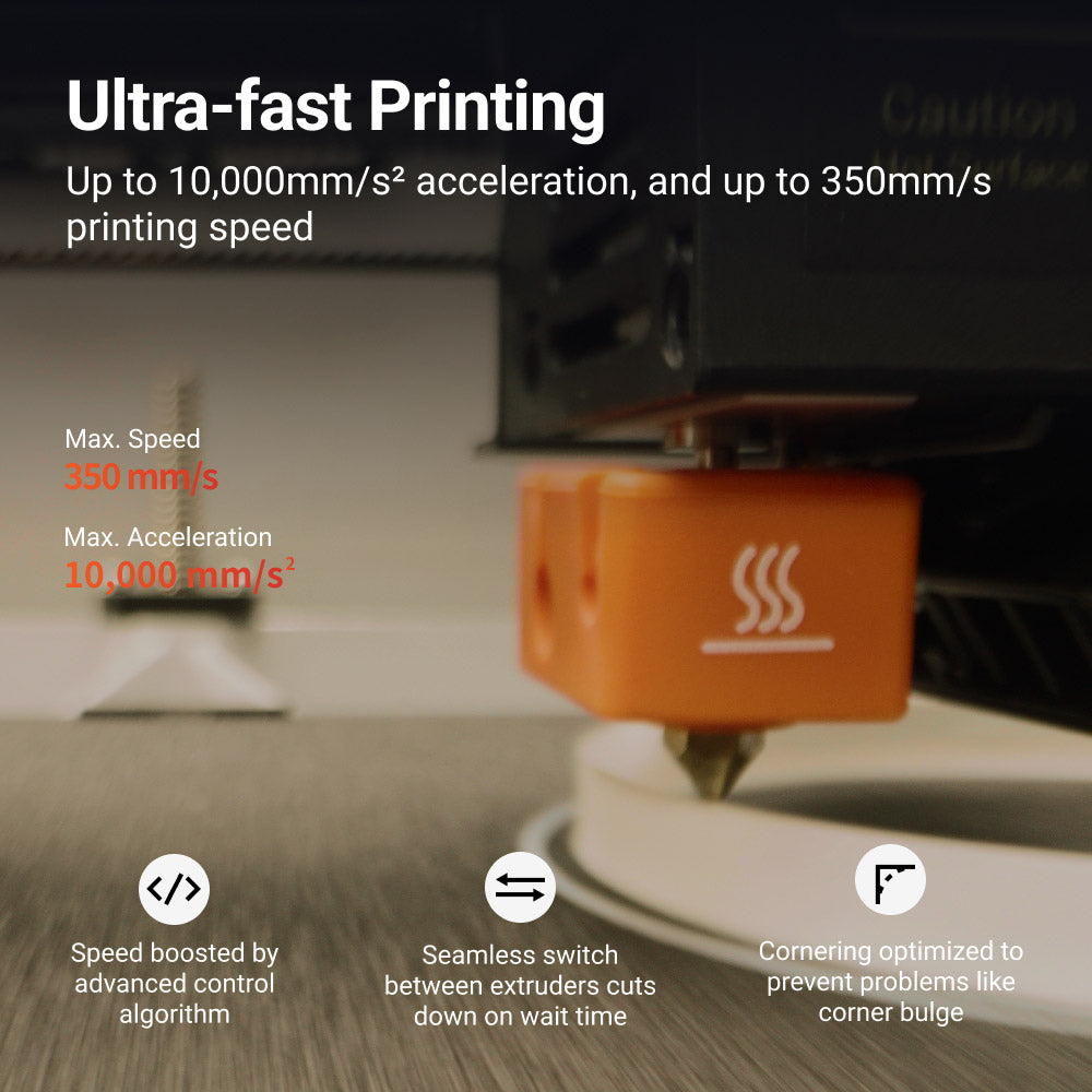 Demonstration of the Snapmaker J1s's ultra-fast printing feature, highlighting the speed up to 350 mm/s.