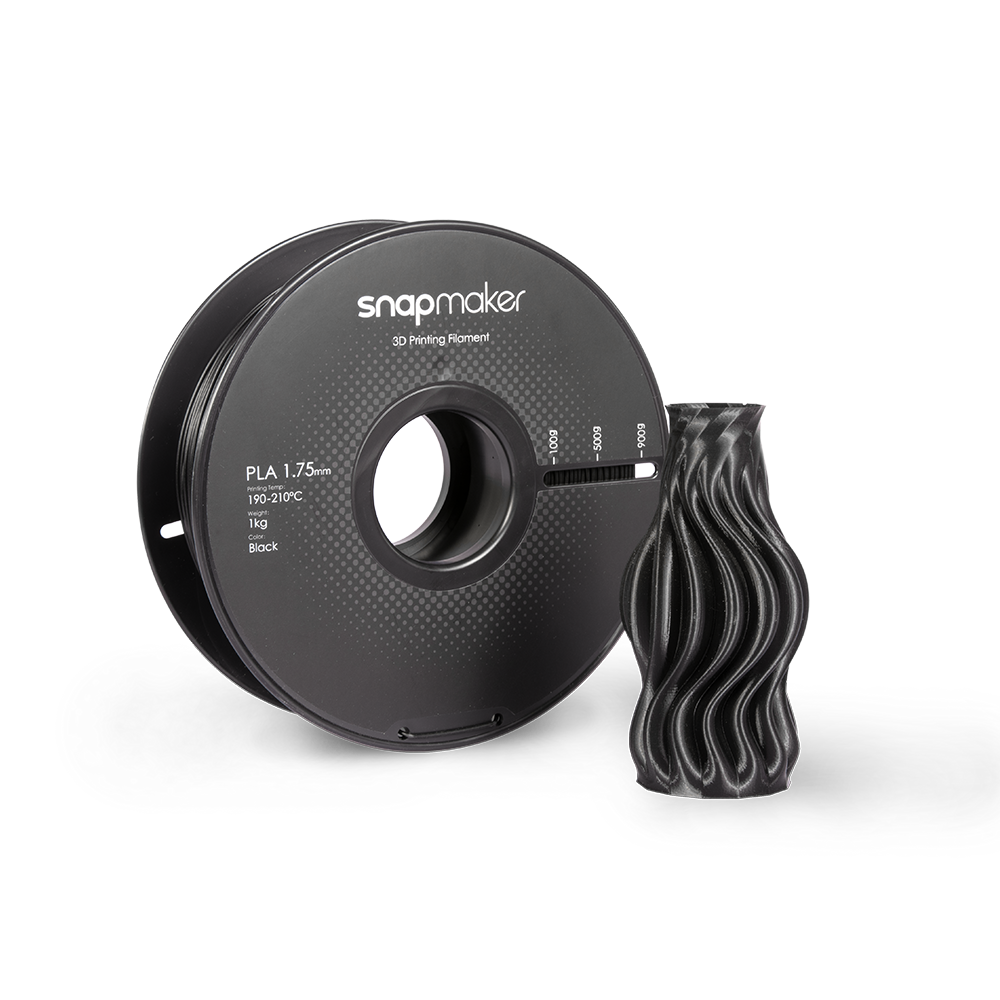 A 3D-printed piece using Snapmaker 1.75mm black PLA showcases its high-quality finish.