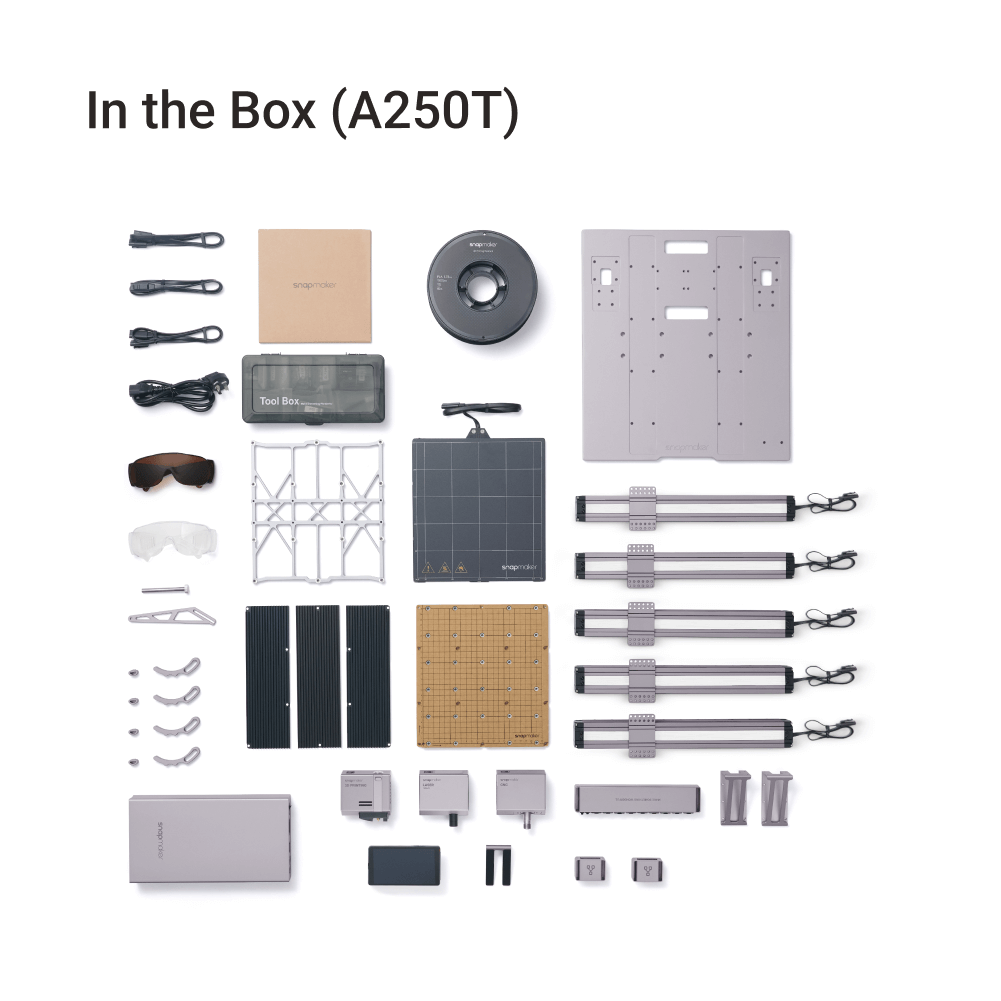 Snapmaker 2.0 A250T 3D Printer with complete kit, including tool box, filament, and printer accessories.